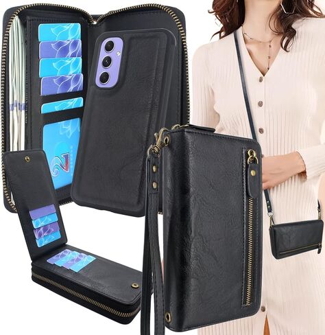 Lacass لهاتف Samsung Galaxy A54 5G 2023 Crossbody بسحاب مزدوج قابل للفصل ومحفظة جلدية مغناطيسية غطاء معصم وحزام معصم و13 فتحة للبطاقات وجيب للنقود (أسود) in Saudi Arabia