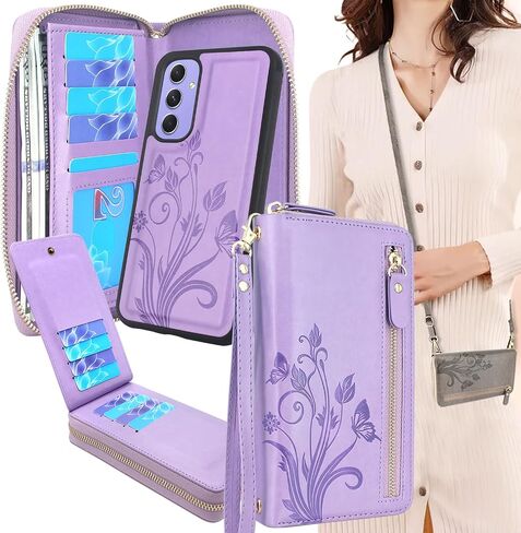 Lacass لهاتف Samsung Galaxy A54 5G 2023 Crossbody بسحاب مزدوج قابل للفصل ومحفظة جلدية مغناطيسية غطاء معصم وحزام معصم و13 فتحة للبطاقات وجيب للنقود (أسود) in Saudi Arabia