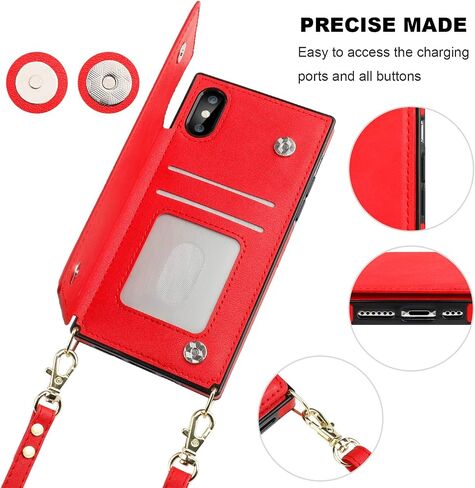 Bocasal Crossbody Wallet Case for iPhone X Xs Credit Card Holder PU Leather Kickstand Shockproof Detachable Cross Body Strap Lanyard Magnetic Closure 5.8 inch(Red) in Saudi Arabia