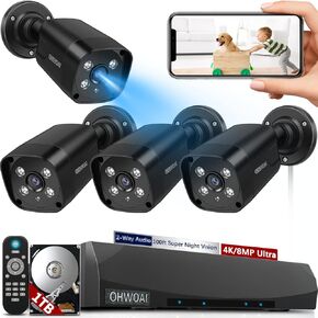 《 2-Way Audio 》Outdoor Wired Security Camera System, Black 4K IP Cameras, Home Video Surveillance Systems
