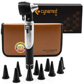 Cynamed Mini Otoscope - Portable Ear Light and Exam Kit for Home and Professional Use - 4X Magnifying Fiber Optic Scope with Spare Tips, Bulb, and Carrying Case (Burgundy)