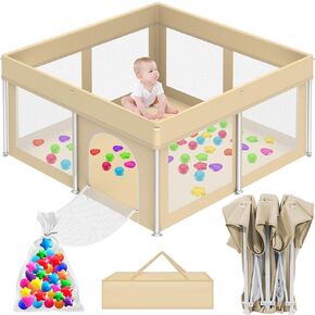 Foldable Playpen for Babies and Toddlers, 50"×50" Portable Playard with Carry Bag & 50 Ocean Balls, Indoor & Outdoor Baby Fence with Thick Mesh, No Assembly Required, Beige