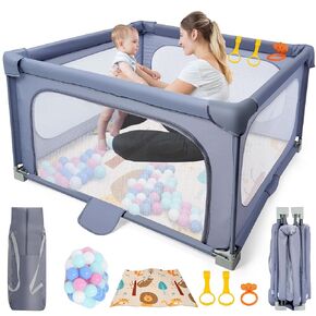 Foldable Baby Playpen,50"×50" Play Pens for Babies and Toddlers,Safe Anti-Fall Play Yard with Gates,Baby Fence with Breathable Mesh,Indoor & Outdoor Kids Activity Center,2 Handlers+Ocean Ball+Basket