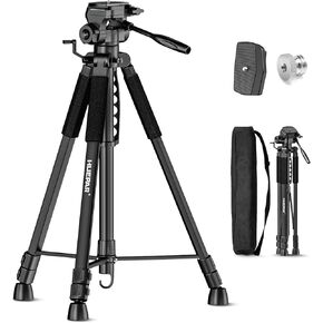 Huepar Lightweight 67.72-Inch Adjustable Laser Level Tripod with 3-Way Swivel Pan Head, Portable Handle, Bubble Level, Quick Release Plate with 1/4" Screw Mount&5/8" UNF Adapter Nut-Camera Tripod T16A