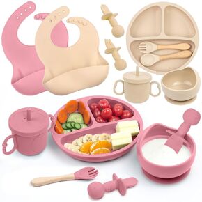 Silicone Baby Feeding Set, 2 Sets Baby Led Weaning Supplies, Includes Baby Suction Bowls and Plates, Silicone Baby Bibs, Silicone Baby Cup, Silicone Baby Spoons and Forks (Beige & Red)