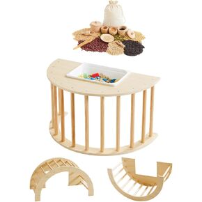 Beright 3 in1 Climbing Arch Sensory Table for Kids with Sensory Bin Toys, Montessori Climbing Gym, Rocker Board Wooden Toy with Collapsible Storage Bin, Learning Playset