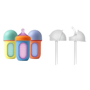 Boon Nursh Reusable Baby Bottle with Silicone Pouch Design Bundle - Stage 2 Medium Flow 8 Oz Baby Bottles, Silicone Straw Sippy Cup Conversion Lids for Nursh Bottles - 2 Count