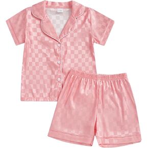 Kuriozud Toddler Baby Girl Boy Satin Pajamas Set Kids Summer Pjs Set Short Sleeve Button Down Nightwear Sleepwear