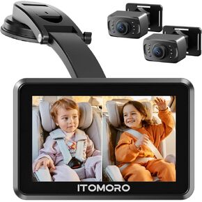 Itomoro Baby Car Camera for 2 Kids, 5" IPS Display with 2 Cameras Rear Facing, Backseat Dual Car Camera Baby Monitor with Split Screen, Infrared Night Vision, HD 1080P, Easy to Install - ACZ433