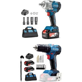 DongCheng 20V MAX Brushless Cordless 1/2" Hammer Drill Kit 435 in.lbs and 515 ft-lbs Cordless Impact Wrench