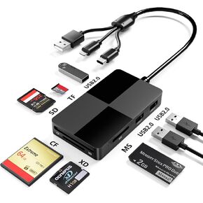 XD/MS/TF/CF/SD Card Reader for iPhone, 8 in 1 Multi Memory Stick Pro Duo Adapter Hub with 3 USB 2.0 Ports, Lightning+USB A+USB C Memory Card Reader OTG Adapter Supports Micro SD/SDHC/XD Picture Card