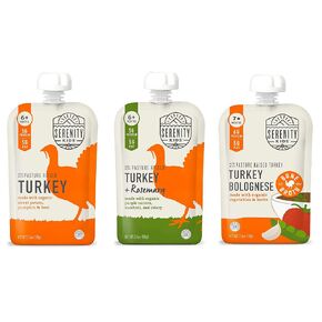 Serenity Kids 6+ Months Turkey Lover Baby Food Pouch Bundle | 6 Each of Pasture Raised Turkey, Turkey & Rosemary and Turkey Bolognese Pouches (18 Count)