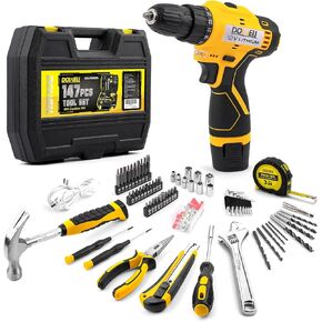 DOWELL 147 Pcs Tool Kit with 12V Cordless Drill with 3/8" Keyless Chuck for Home, Men, Built-in LED, Type-C Charge Cable