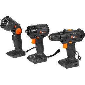 WEN 20V Max Cordless Drill, Brushless Compact Impact Driver, and LED Work Light/Flashlight Combo Kit (Tool Only - Battery Not Included) (20VK3DBT)