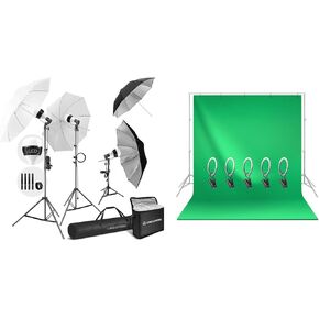LimoStudio (LED Super Bright) 1200W Output Photo Studio Umbrella Continuous Lighting Kit / 6 x 9 ft. (W x H) Green True Chromakey Color Backdrop Screen - Bundle