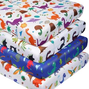 Dinosaur Crib Sheets Set, 4 Pack Fitted Crib Sheets 28 x 52 Inches, Soft Breathable Microfiber Crib Mattress Sheets for Boys & Girls, Standard Crib & Toddler Bed Mattress Cover
