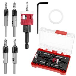 QWORK 5 Pcs Countersink Drill Bit Set, 1/4" Quick Change Hex Shank Countersink Drill for Wood, Plastic, Woodworking