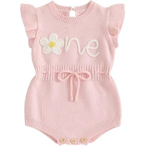 First Birthday Outfit Girl Floral One Embroidered Drawstring Crochet Knit Romper Baby girl 1st Birthday Clothes