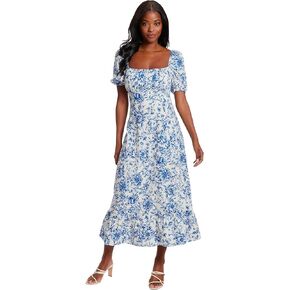 London Times Women's Square Neck Smocked Back Linen Blend Flattering Versatile Spring Summer Garden Party