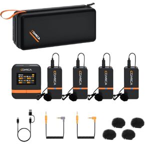 COMICA (4 Lav Mic) Vimo Q Wireless Lavalier Microphone with 4 Transmitters and 1 Receiver, Noise Cancellation, Wireless Microphone for Camera, iPhone, Android, PC Interviews, Live-Streaming