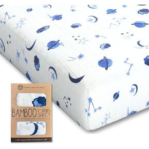 Margaux & May Premium Crib Sheet, 70% Viscose from Bamboo 30% Cotton, Blue Space Design, Fitted, Breathable Crib Sheets, Toddler Bedding, 52 x 28, Deep Pocket, Ultra Soft