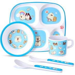 5-Piece Kids Melamine Dinnerware Set Divided Plate, Bowl, Cup, Fork & Spoon BPA-Free, Cartoon Animal Design for Toddlers & Children (Puppy Band)