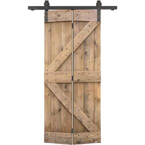 34 in. x 84 in. K Series Light Brown Stained DIY Wood Bi-Fold Barn Door with Sliding Hardware Kit