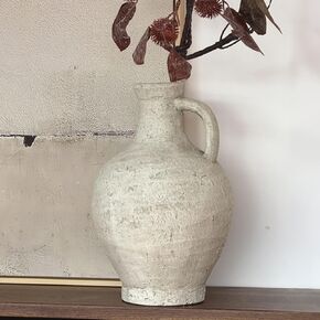 Rustic Farmhouse Terracotta Ceramic Flower Vase with Handle,12 Inch Grey White Tall Pitcher Jug Vintage Clay Stone Antique Pottery,Wabi Sabi Home Living Room Table Decor,Gift for Women Girls