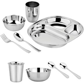 Ahimsa 9 Piece Dish Set - Stainless Steel, Iridescent Blue, BPA Free, Toddler Dishware, Mealtime Essentials