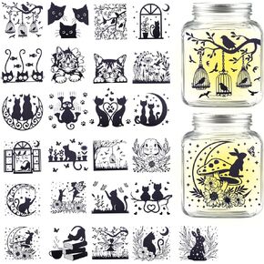 GLOBLELAND 25Pcs Cat Animal Silhouette Mason Jar Decals Stickers Rabbit Flower Fairy Plastic Silhouette Wall Decals Window Stickers Adhesive Lantern Jar Stickers Window Lamp Glass Art Home Decor