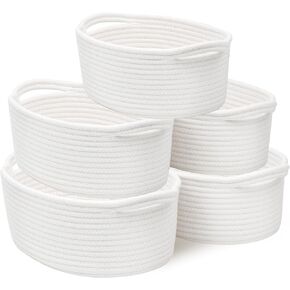 Bellzacasa Small Woven Basket with Handles, 5 Pack Cotton Rope Room Shelf Storage Basket for Organizing Small Round Basket Baby Nursery Bins (Off White)