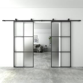 BARNSMITH 84 x 96 in Double Glass Barn Door with 14 FT Sliding Door Hardware, Aluminium Frame Frosted Glass Doulbe Barn Door