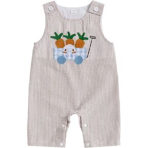 Newborn Baby Boy Girl Easter Outfit Bunny Egg Embroidery Romper Plaid Stripe Sleeveless Jumpsuit Summer Clothes