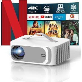 [AI Movin System & 1200 ANSI] Projector-4K with WiFi 6 and Bluetooth, 30W DoIby Audio Netflix-Licensed Projector, One-touch Focus Portable 1080P Outdoor-Projector, Lisowod Smart Proyector with HDR10+