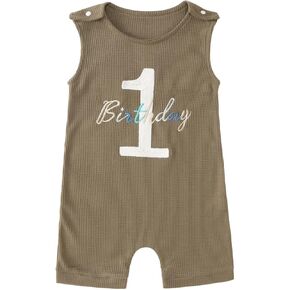 Baby Boy 1st Birthday Sleeveless Bodysuit Infant Ribbed Romper Cute Embroidery Jumpsuit One Year Old Summer Overalls