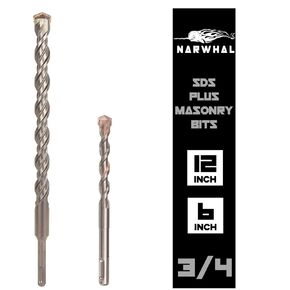 Narwhal SDS Plus 3/4 Inch Masonry Drill Bit for Rotary Hammers (2 Pack Includes 6" & 12" Bit) Carbide Tipped to Easily Drill Through Concrete, Cement, Brick, Block, Stone, and More!