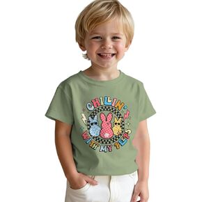 Toddler Boys Girls Easter Bunny T-Shirt Chillin with My Peeps Shirt Rabbit Print Graphic Short Sleeve Tees Tops