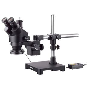 AmScope SM-3TX-144A-B 3.5X-45X Black Trinocular Stereo Zoom Microscope on Single Arm Boom Stand + 144 Direction Adjustable LED Ring Light
