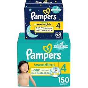 Pampers Disposable Diapers Size 4, Swaddlers 150 Count + Overnight (58 Count)