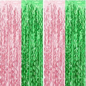 Pink and Green Wavy Tinsel Foil Fringe Curtains Photo Booth Backdrop for Green Pink Theme Birthday Party Witch Decorations(2 Pack,3.2 ft x 6.6 ft)