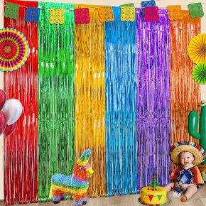4 Pack Fiesta Party Decorations Foil Fringe Curtains Backdrop 3.3 x 6.6 FT Mexican Theme Party Decorations Tinsel Curtain Spain Taco Photo Streamers for Cinco de Mayo Dia De Los Muertos Decor