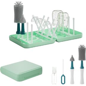 Portable Baby Bottle Brush Set with Multiple Brushes,Soap Dispenser, Foldable Bottle Drying Rack for 16 Bottles, Bottle Cleaner Brush Set for Bottles and Baby Accessories, Baby Travel Essential in Kuwait