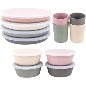WeeSprout Bamboo Dining Bundle - 4 Kid-Sized Bowls & 4 Plates With Lids & 4 Cups - 10 oz Bowls, 10 fl oz Cups - Perfect For Toddlers & Big Kids - Dishwasher Safe - Natural Materials