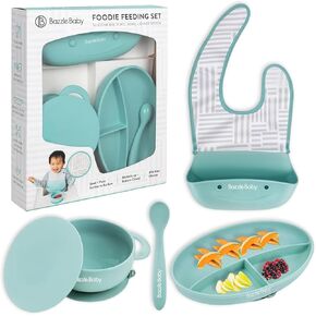 Silicone Baby Feeding Set – Led Weaning Supplies with Suction Plate, Bowl with Lid, Bib & Spoon – Baby Feeding Essentials for 6-12 Months, Plates and Utensils Set (Mint)