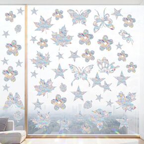 53 Pcs Colorful Window Decals Anti-Collision Window Decals for Bird Strikes, Glass Door and Window Decals, Static Window Decals, Star, Butterfly, Flower, Maple Leaf Shapes