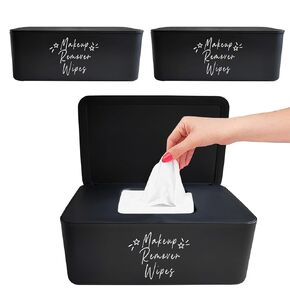 3 Pack Makeup Remover Wipes Dispenser,7.28" L * 4.80" W *2.75" H, Face Cleansing Wipes Holder Refillable Makeup Wipes Container for Bathroom Vanity Dressing Table (Black)