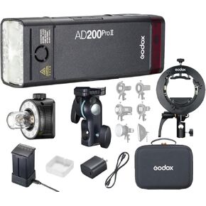Godox AD200 Pro II Pocket Flash Monolight, with Godox S2 Speedlite Bracket, 200Ws TTL HSS,Bi-Color LED Modelling Led,Color Group Indicator,Adjustable from 1/512 to Full Power (1/1) with 0.1 Increment