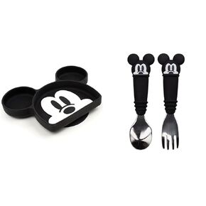 Bumkins Mickey Mouse Silicone Plate, Toddler Utensils, Fork Spoon Set, Divided Dish, Suction Base, BPA Free, 18 Mos+ (1 Count)