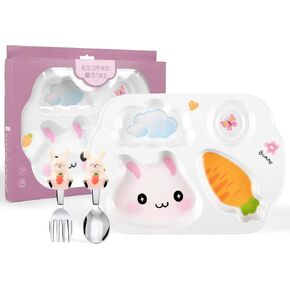Bunny Plate for Girls, Kid's Dinner Tray Divided Plates and Utensils for Kids, BPA-Free Durable Plastic Reusable 4 Compartment Plates, Picky Eater Friendly Dinnerware Set for Toddlers