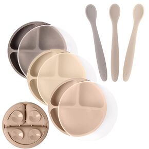 WeeSprout 3 Suction Plates with Lids & 3 Soft-Tip Spoons Bundle - Complete Mealtime Set - Silicone Baby Dinnerware - Divided Toddler Plates - Microwave & Dishwasher Safe